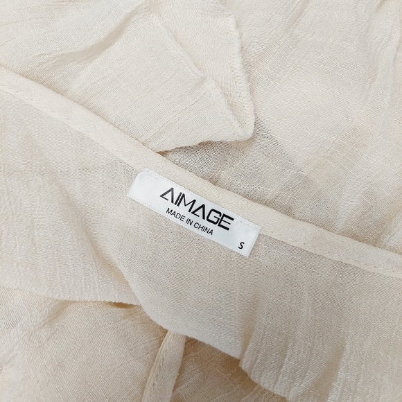 IMAGE Cream Polyester Ruffle Short Sleeve Front Tie Long V Neck Midi Dress 3766 - Picture 7 of 9